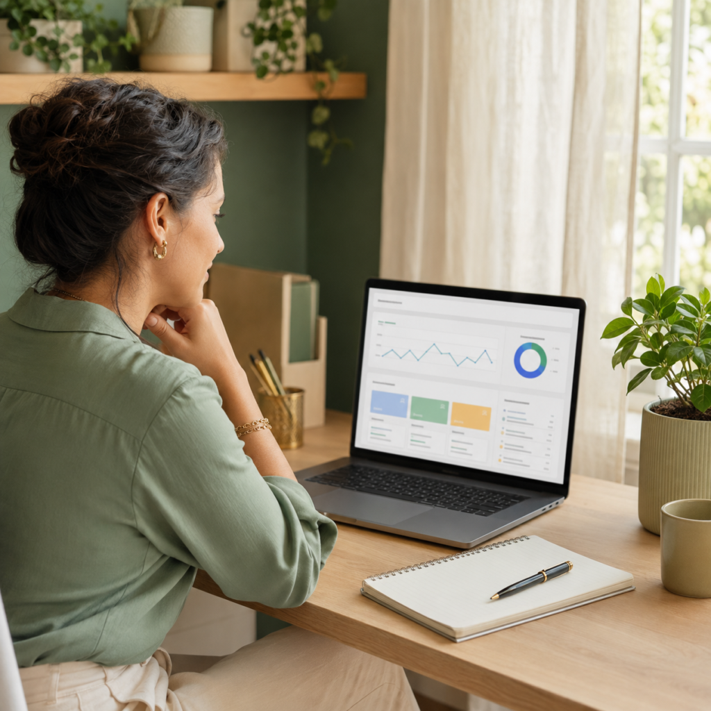 Mulher pesquisando diferentes tipos de produtos digitais para divulgar como afiliada