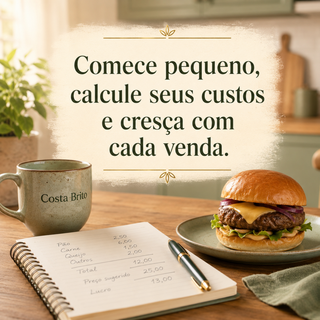 Hambúrguer artesanal, caderno de custos e caneca Costa Brito