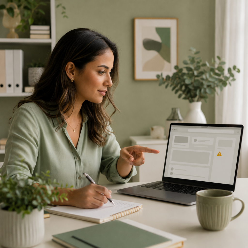 Mulher verificando o aviso ads.txt não encontrado no site