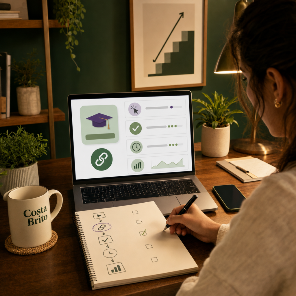 Person working at a desk with a laptop displaying a progress dashboard, a notebook with checkboxes, and a Costa Brito mug nearby.