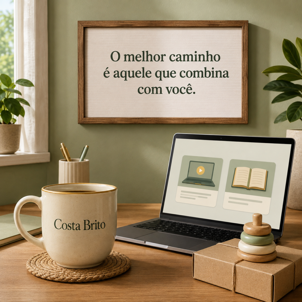 Xícara Costa Brito ao lado de notebook e produtos físicos com frase sobre escolher o melhor caminho