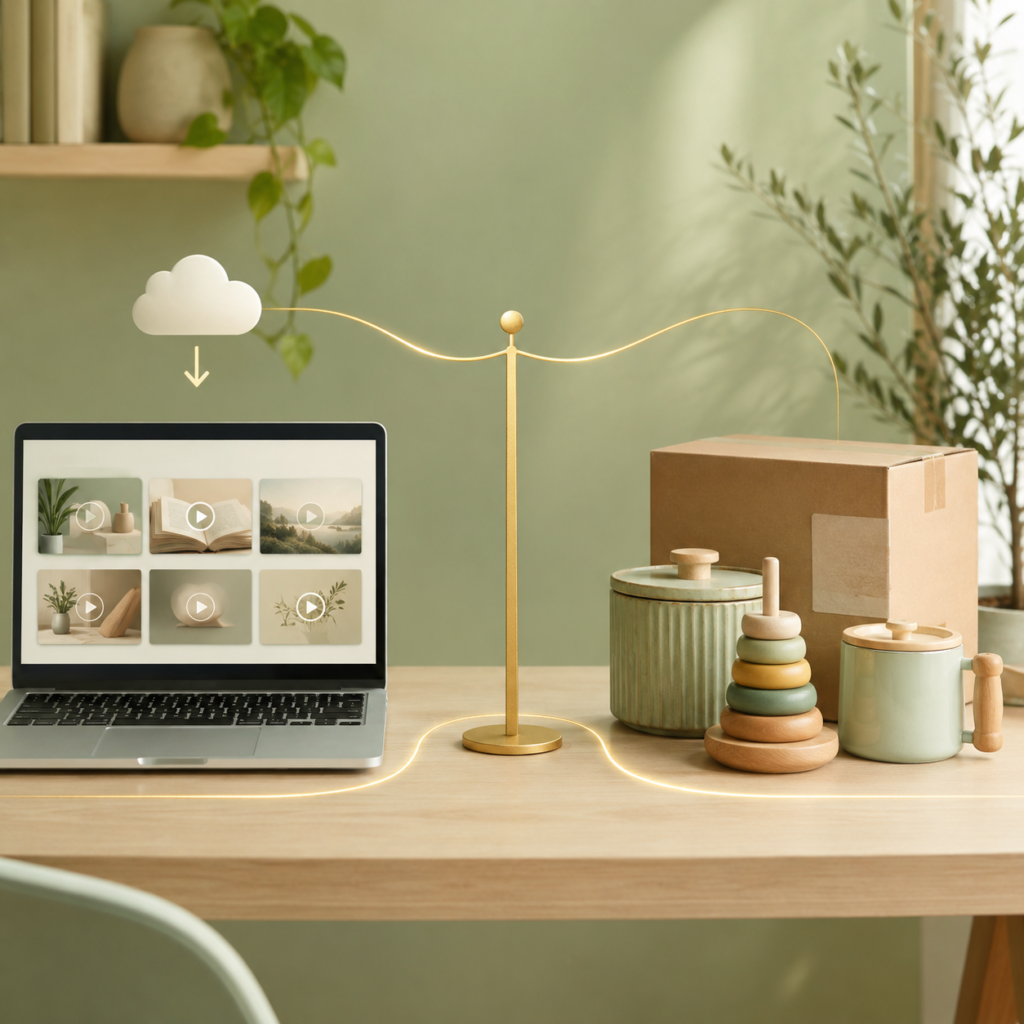 Comparação entre produtos digitais em um notebook e produtos físicos sobre uma mesa