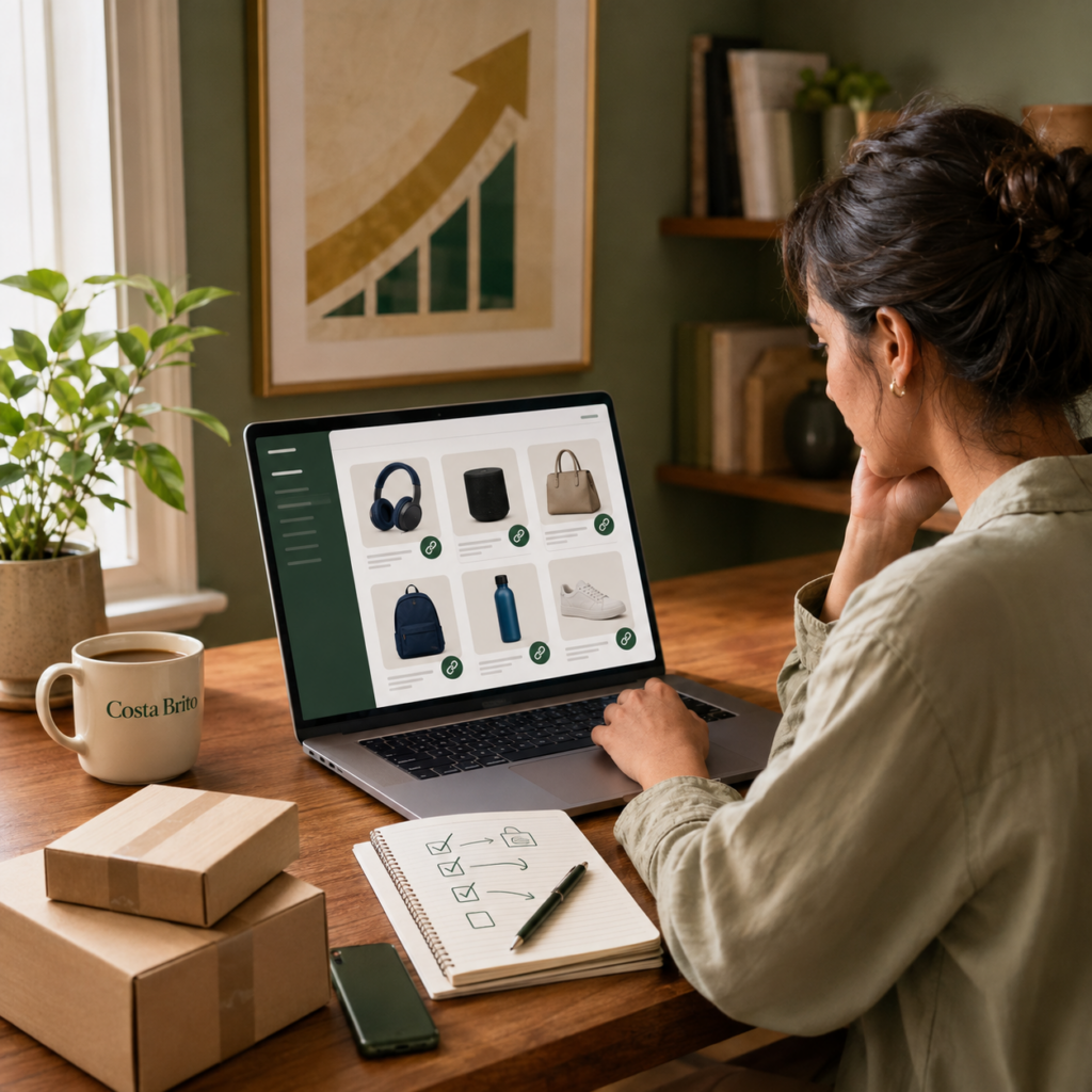 Mulher sentada em uma mesa de madeira pesquisa produtos em um catálogo online no notebook, incluindo fones de ouvido, bolsa, garrafa e calçados.