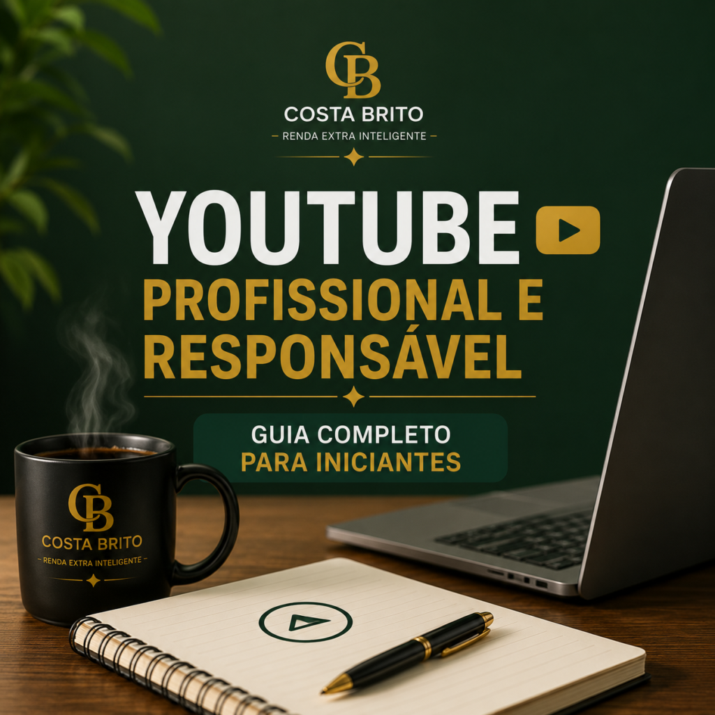 Xícara Costa Brito ao lado de caderno e frase sobre usar o YouTube para servir, ensinar e transformar.