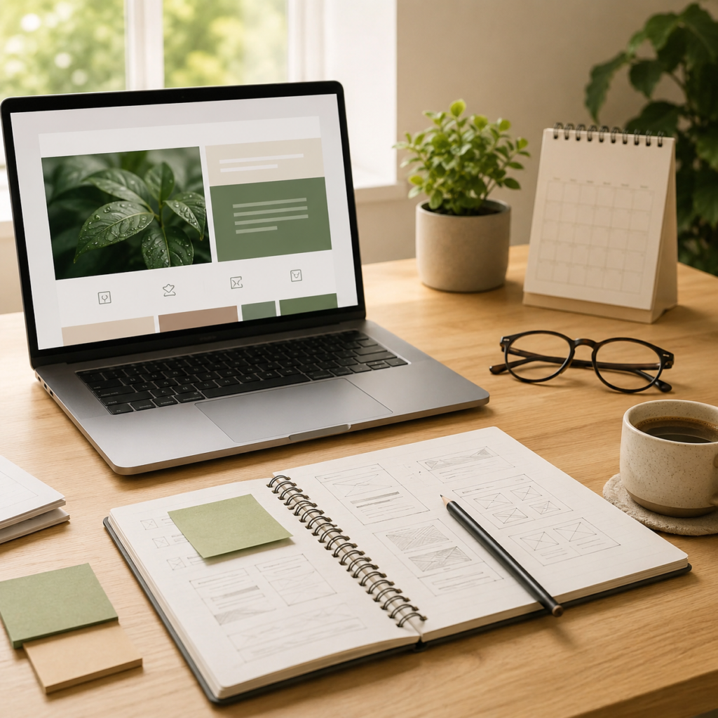 Mesa de trabalho com notebook e planejamento para criar um site com responsabilidade