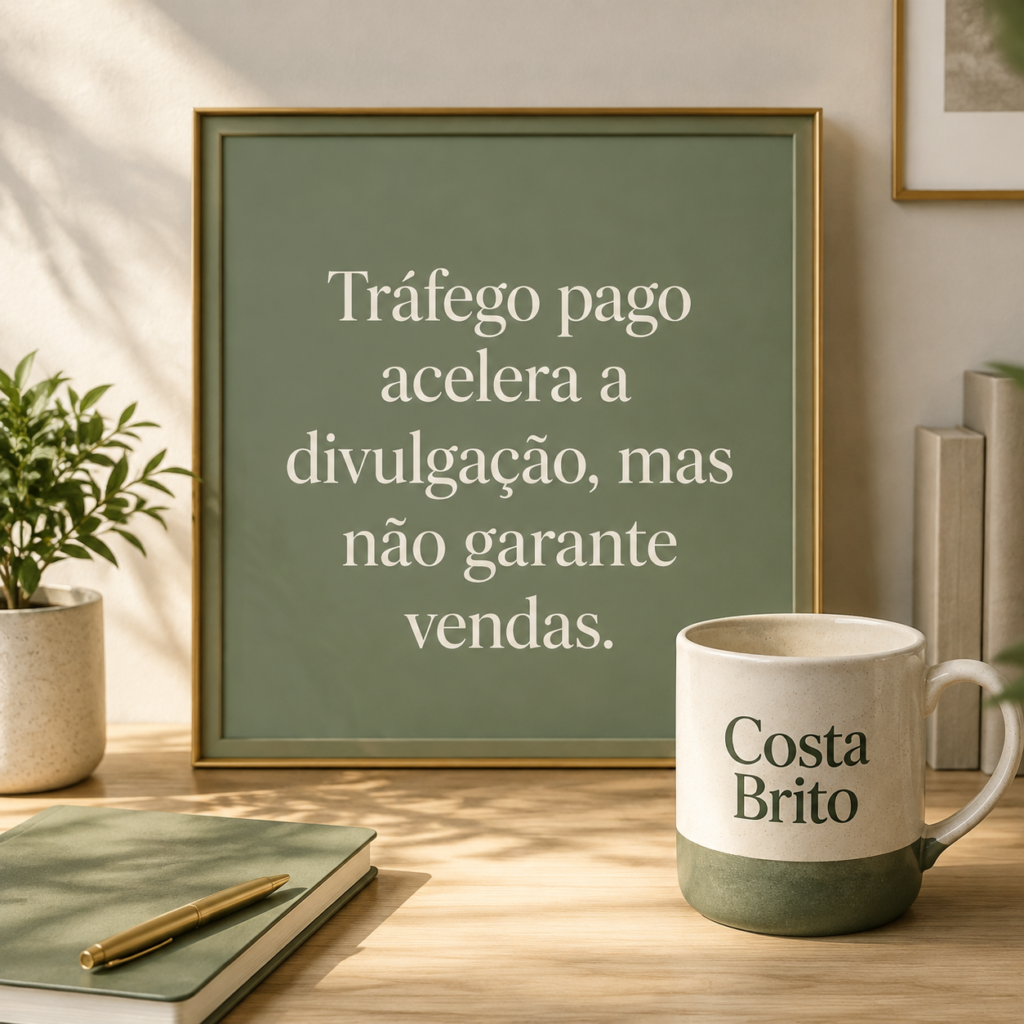 Quadro explicando que tráfego pago acelera a divulgação, mas não garante vendas