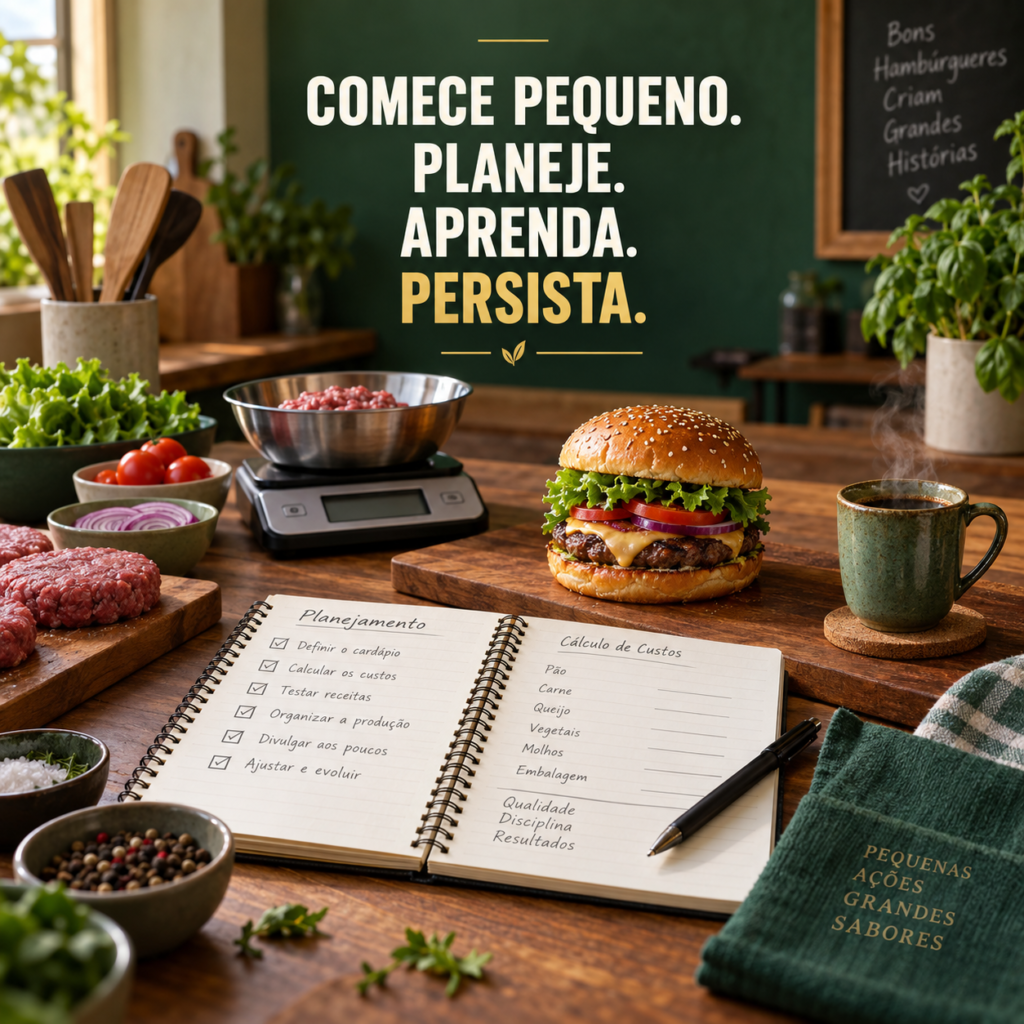 Hambúrguer artesanal, ingredientes, balança e caderno de planejamento