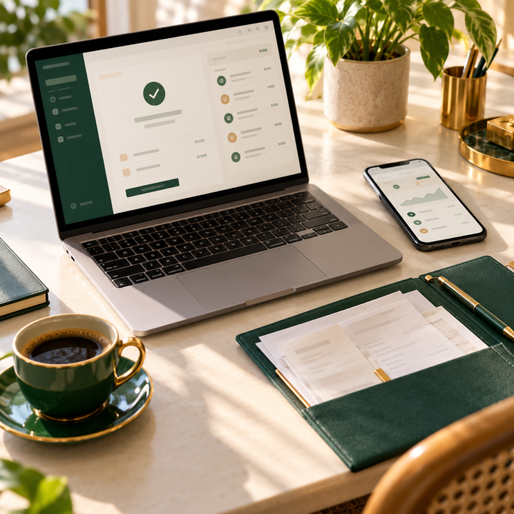 Notebook e celular usados para conferir um pagamento, com comprovantes e uma xícara de café sobre a mesa.