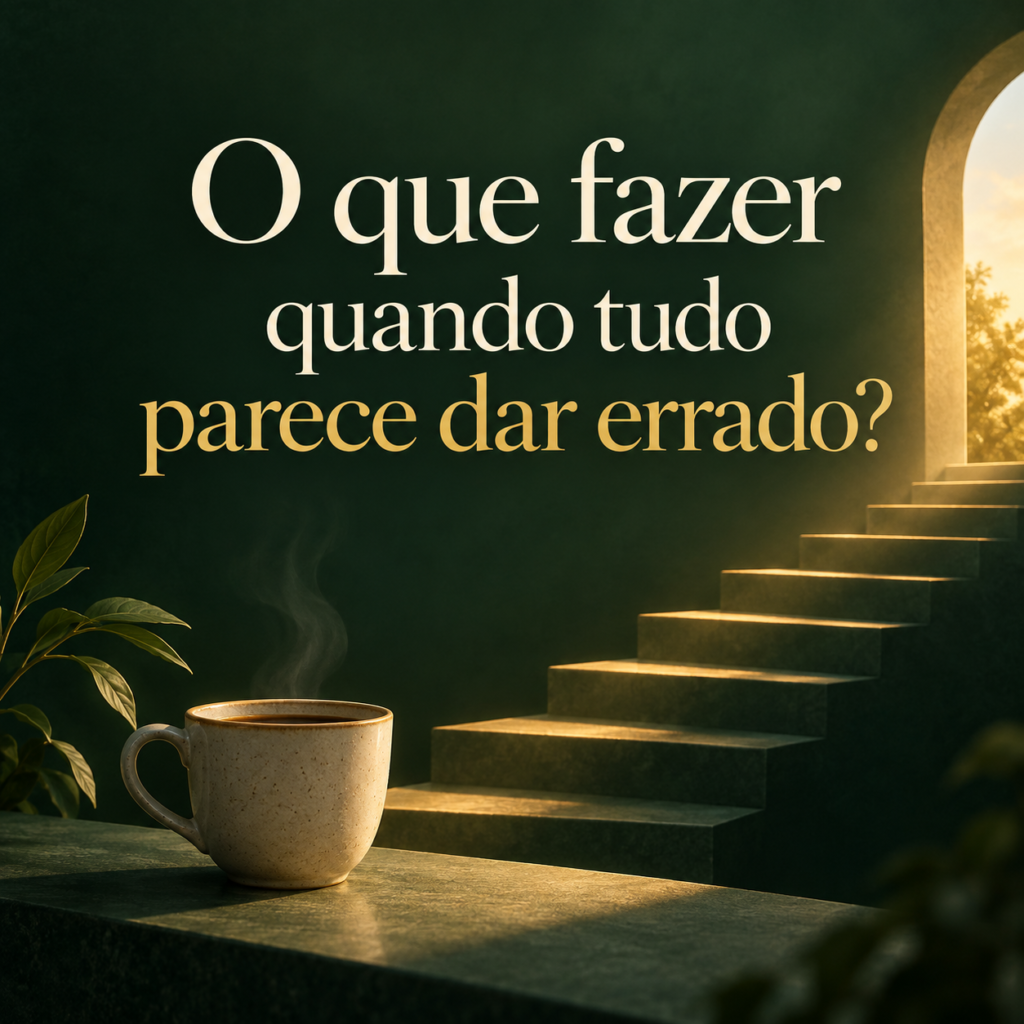 Xícara de café ao lado de uma escada iluminada representando persistência diante das dificuldades.