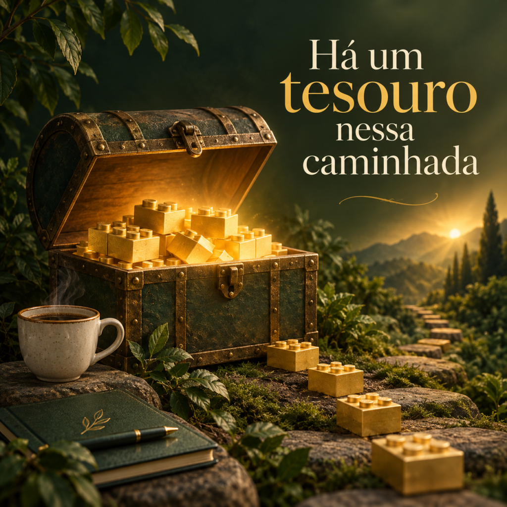 Baú com tijolos dourados e uma xícara de café simbolizando aprendizados e conquistas.