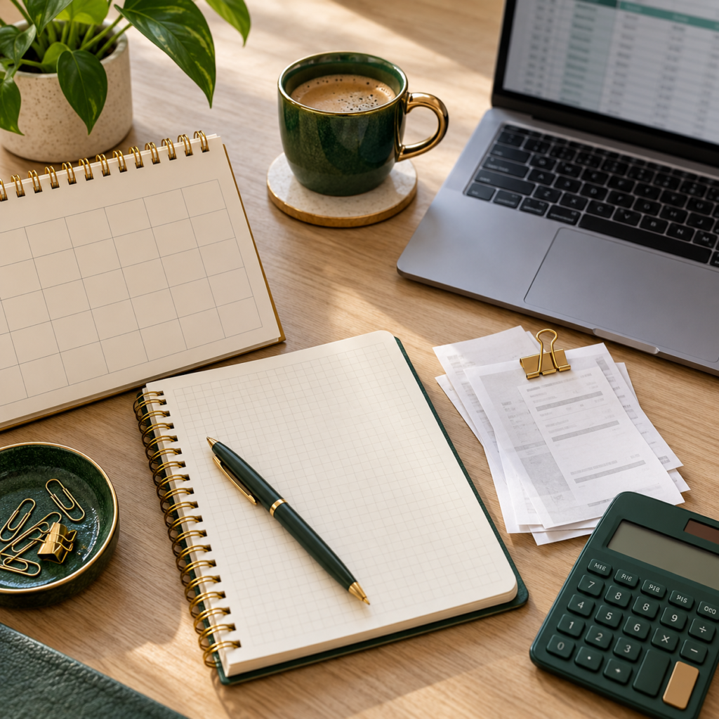 Calendário, caderno e comprovantes organizados ao lado de um notebook para acompanhar pagamentos do exterior