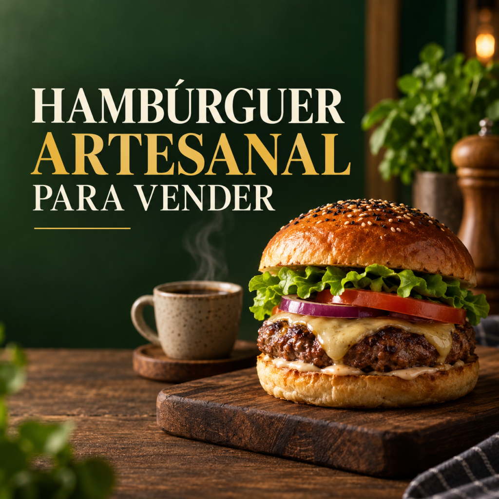 Hambúrguer artesanal acompanhado de café em fundo verde