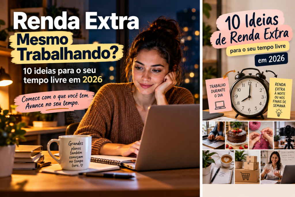 composição mostrando uma rotina dividida entre trabalho, relógio e atividade de renda extra. Pode representar visualmente a ideia de aproveitar 1 ou 2 horas livres por dia.